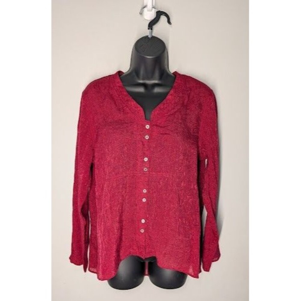 Vintage J. Jill Red Textured Button Up Long Sleeve Semi-Sheer Blouse Sz L